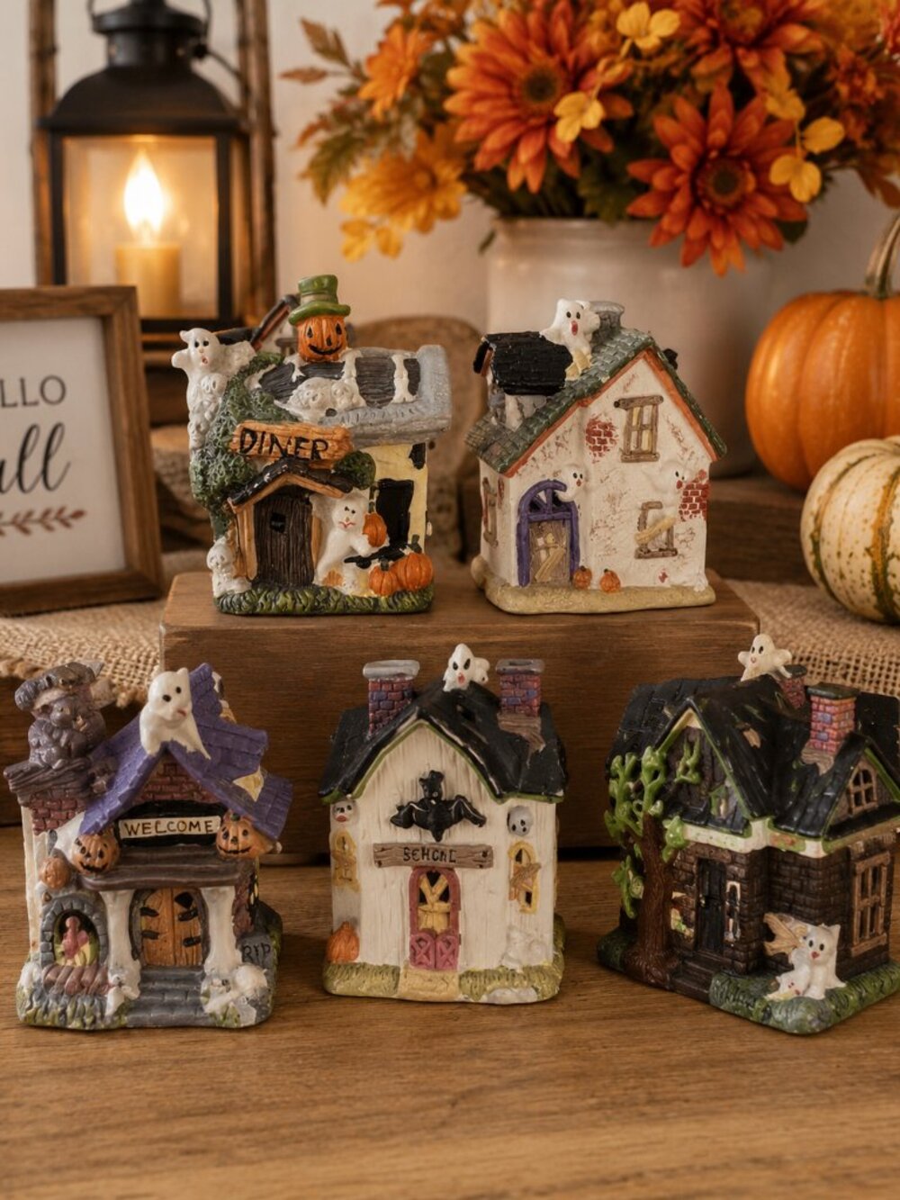Vintage Halloween Village 5 Pc Tea Light House Set Haunted Houses